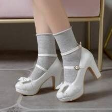2025 Spring/Autumn New Sweet Bow High Heels Thick Heel Women's Shoes Lace Fairy Style Single Shoes Pink Waterproof Platform Single Shoes Jane Women's Shoes Lolita Single Shoes - 白色 - 查看 1