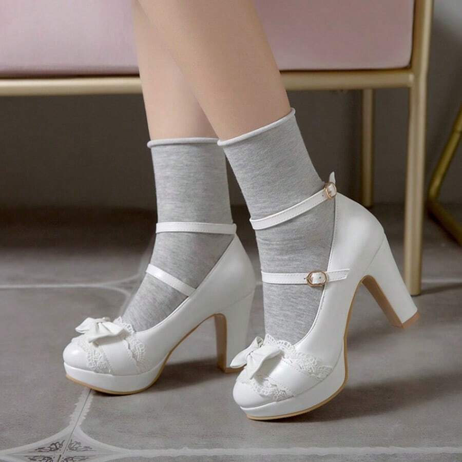 2025 Spring/Autumn New Sweet Bow High Heels Thick Heel Women's Shoes Lace Fairy Style Single Shoes Pink Waterproof Platform Single Shoes Jane Women's Shoes Lolita Single Shoes - 白色 - 查看 1