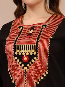 2026 New Style Ramadan Traditional Elegant Long Sleeve Dress, Colorful Gold Embroidery Arabic Women Clothing JALABIA - Black - View 3