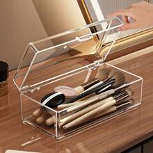 1 pièce Boîte de rangement de maquillage transparente, support en plastique pour pinceaux de maquillage, boîte de rangement de bureau anti-poussière, convient pour les rouges à lèvres, les ombres à paupières, les pinceaux, les houppettes - Léger, sans électricité nécessaire. Décoration de salle de bain, organisateur de salle de bain, organisateur de maquillage d'été, retour à l'école