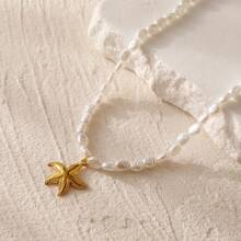 1 pieza Collar de perla blanca y diseño de estrella de mar dorada, elegante y de moda, apto para uso diario, festivales y regalos
