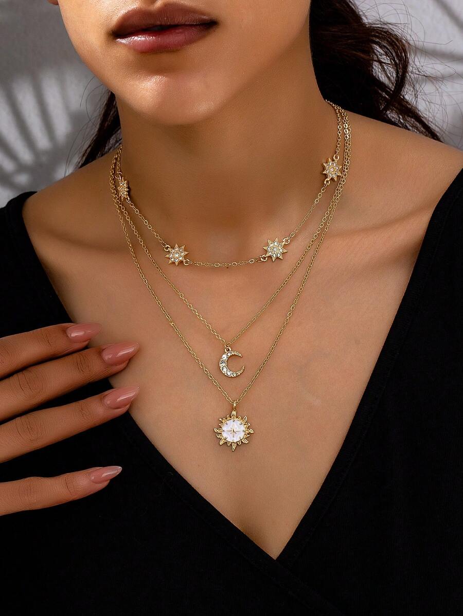 1pc Fashionable European & American Punk Style Casual Multilayer Gold Metal Inlaid Rhinestone 8-Pointed Star, Moon And Enamel 8-Pointed Star Sun Necklace, Stylish Gold Rhinestone Jewelry, Shiny Rhinestone Star Moon Pendant Necklace, Suitable For Women Daily Wear, Various Holidays, Beach, Vacation, Socializing, Party, Couple Gift, Mother's Day Gift - Gold - View 1