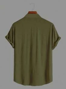 Men's Formal Shirt With Priest Collar, Short Sleeve, Linen Look - xanh quân đội - Xem 2