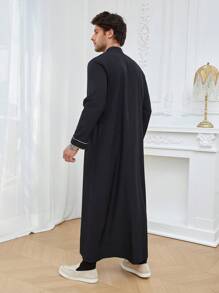 1 pieza Vestimenta tradicional cultural árabe de estilo del Medio Oriente para hombres, Túnica larga árabe de manga larga, cuello redondo, negra, elegante y sencilla, de tela de poliéster de calidad, apta para primavera/otoño - Negro - Ver 6