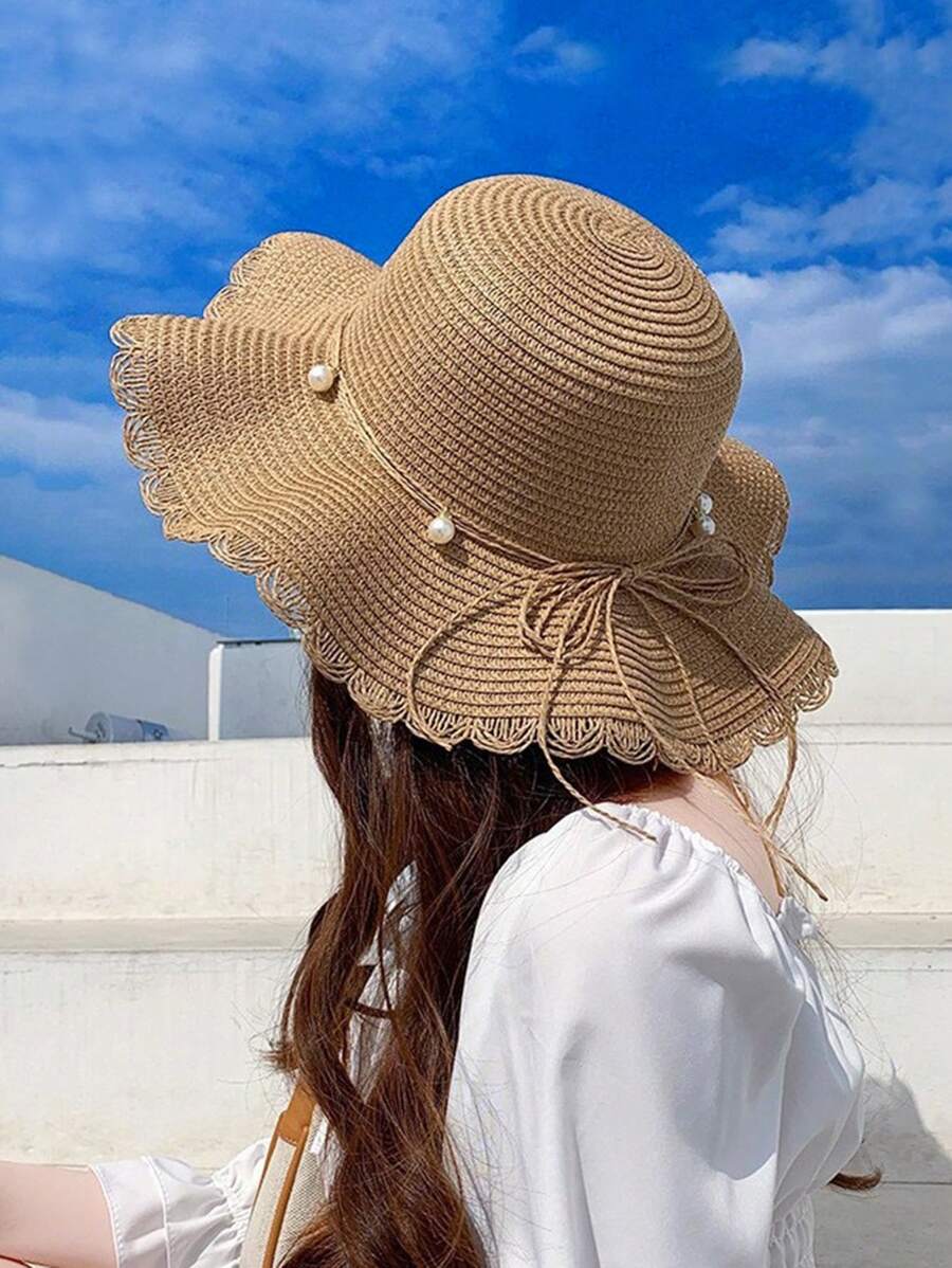 1 件女式卡其色宽边草帽，夏季海滩度假防晒草帽，沙滩帽，旅行太阳帽，防风帽 - 卡其色 - 查看 1