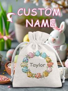 Customized Easter Name Candy Gift Bags, Multi-Size Easter Candy Drawstring Storage Bags, Polyester Fiber Drawstring Gift Bags - Reusable Linen Candy Bags For Holiday Party Favors And Gift Packaging