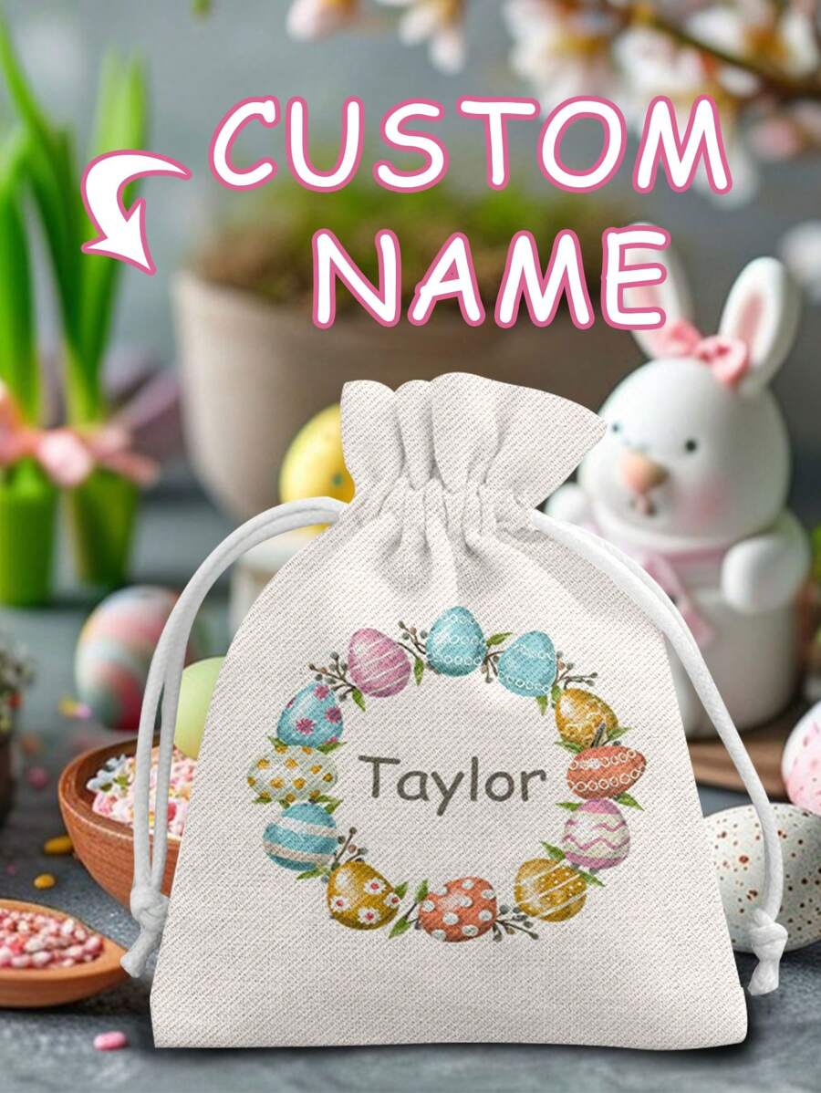 Customized Easter Name Candy Gift Bags, Multi-Size Easter Candy Drawstring Storage Bags, Polyester Fiber Drawstring Gift Bags - Reusable Linen Candy Bags For Holiday Party Favors And Gift Packaging