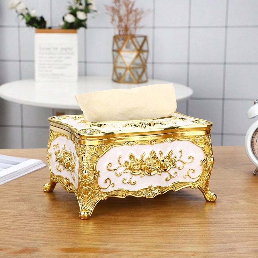 1 Pc European Style Rose Pattern Creative Paper Towel Box, Suitable For Hotel, Bedroom, Living Room, Study Room Decor - Gold and White - View 1