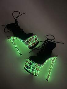 全新性感女神蛇纹镂空设计交叉系带露趾超高跟坡跟夜店钢管舞风格夜光彩色图案女式凉鞋 - 藍色 - 查看 2