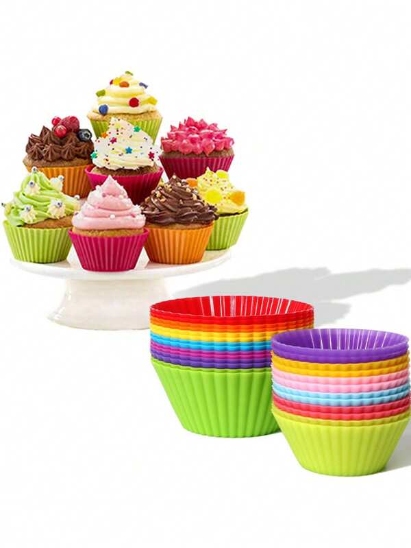 12 peças de molde de silicone para bolo, cupcake, ferramenta de cozimento redonda, moldes em formato faça você mesmo de qualidade de exportação