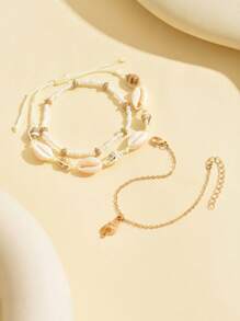 3 件/套贝壳吊坠可调节编织串珠手链，手工串珠贝壳手链，女士时尚珠宝，适合日常佩戴和度假 - 彩色 - 查看 4