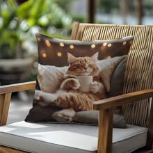 MEMNUN 1个17.7*17.7英寸（45*45厘米）/19.69*19.69英寸（50*50厘米）/15.75*15.75英寸（40*40厘米）[单面印花]涤纶抱枕套，猫咪喝咖啡图案，适用于家居、卧室、沙发、汽车装饰，日常使用或高端简约自用。[不含枕芯]