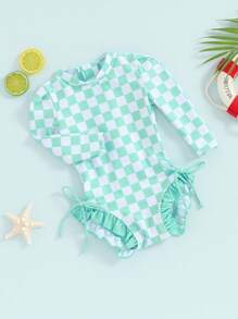 Girls Bikini Beach Swimwear Long Sleeve Checkerboard Print Ruffle Romper Bathing Suit - Verde - Ver 3