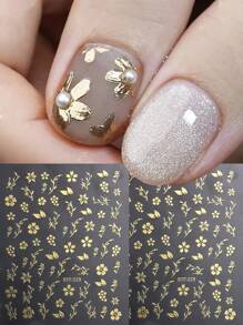 2pcs 3D Bronzing Flowers Nail Art Stickers Luxury Gold Spring Summer Simple Petals Florals Leaf DIY Self Adhesive Manicure Tips For DIY Nail Design - Gold - View 1