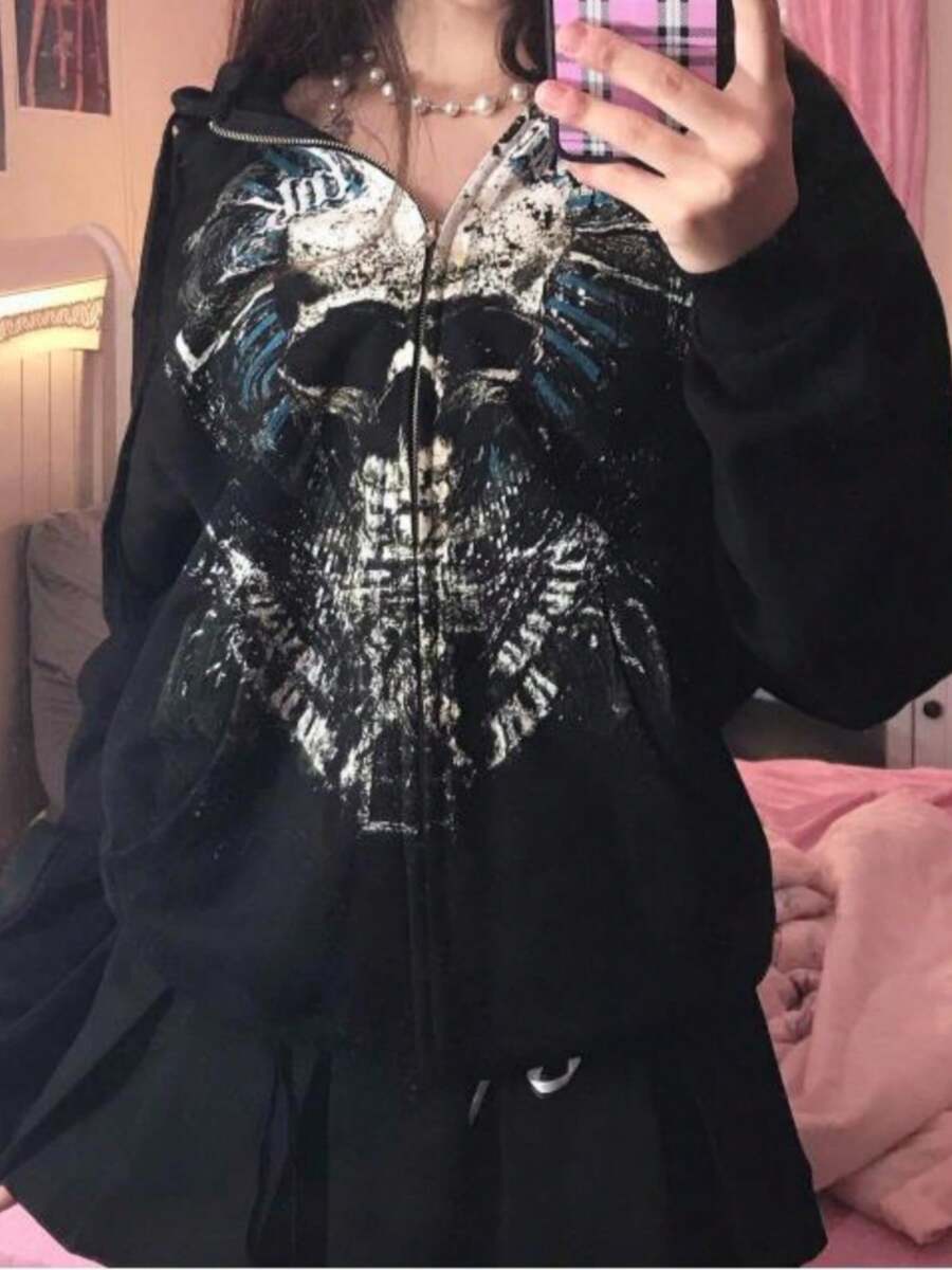 Women Y2k Goth Zip Up Hoodie Fairy Grunge Oversized Hooded Sweatshirt Adults Casual Skull Graphic Printed Long Sleeve Jacket With Pockets Gothic 90s Clothes For Teen Girls Streetwear Fall Spring Outerwear - 黑與白 - 查看 1