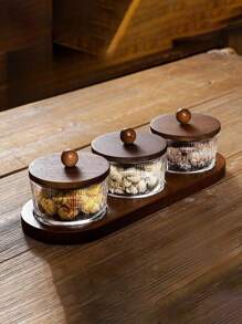 新款日式木制和玻璃零食盘家用多功能食品储存罐托盘套装，2/3/4/6 隔层，适用于谷物、糖果、饼干、面包、户外、婚礼、派对、礼物、生日、圣诞礼物