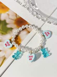 1 件可爱卡通熊心和人造珍珠串珠弹性手链女士 - 愛心小熊串珠手鍊 - 查看 1