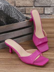 Women's Glossy Patent Leather High Heel Slide Sandals, New Summer Fashion Square Toe Sexy Backless Slip-On Slippers, Minimalist Casual Beach Party Wear, Rose Red