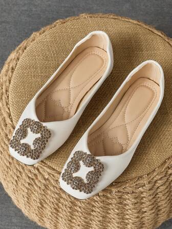 1 par Kvinnor med fyrkantig tå Platta Slip-On Loafers, mångsidig mjuk botten Casual Aprikosfärg Utomhus Resebalett med kristallknapp