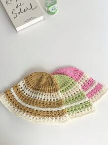 1pc Women's Round Top Hollow Out Straw Hat, Contrast Striped Fisherman Bucket Hat, Breathable Big Head Size, Facial Slimming, Spring/Summer - Straw Bucket Hat - View 2