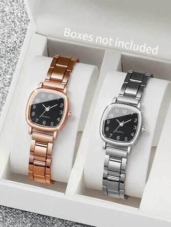 2 pièces/set Montres-bracelets à quartz pour femmes, cadran carré simple, petit cadran, bracelet en acier (boîte de montre non incluse)