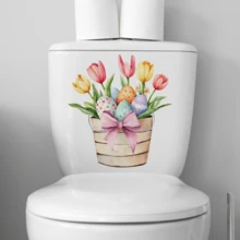 1pc Easter Flower Barrel And Easter Eggs Sticker For Toilet Decor, Suitable For Bathroom And Toilet Decoration Stickers, PVC Removable Sticker Gifts Birthday Graduation Room Decor Home Decor Wall Decor Bathroom Decor Bedroom Decor Room Decoration Stuff Living Room Decor House Decor Home Decor Living Room Wall Art Wall Paper Personalised Stickers