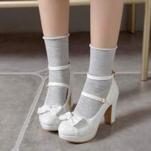 2025 Spring/Autumn New Sweet Bow High Heels Thick Heel Women's Shoes Lace Fairy Style Single Shoes Pink Waterproof Platform Single Shoes Jane Women's Shoes Lolita Single Shoes - 白色 - 查看 3