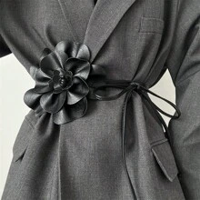 Bow Flower Decor PU Leather Waist Belt Accessory, Suitable For Garment, All Season - Black - View 2
