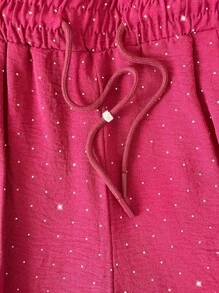 Women's Wide Leg Pants, Modern, Sexy And Casual Design, Small And Elegant Artificial Rhinestones And Decoration All Over The Pants, Polyester, Cotton And Spandex Fabric, Suitable For Spring And Summer Seasons, Functional Pockets, Natural Waist Adjustment With Elastic And Drawstring. Soft, Cool And Light. - 紅色 - 查看 8