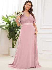 Plus Size Elegant V-Neck Ruched Bust Pink Bridesmaid Dress, Wedding Guest Formal Dress For Wedding Dinner, Birthday Party, Valentine's Day - Dusty Pink - View 6