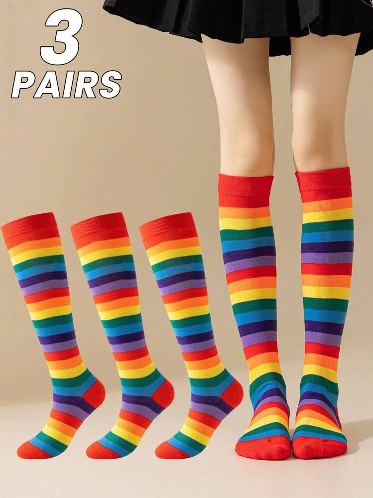 1/3 Pairs Rainbow Socks For Women, Korean Style JK Dance Cosplay Sweat-Absorbent Breathable Knee-High Socks, Y2k, Cozy - Multicolor - View 7