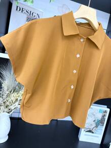 ELLIE Casual Striped Print Loose Cropped Shirt - 單色棕色 - View 2
