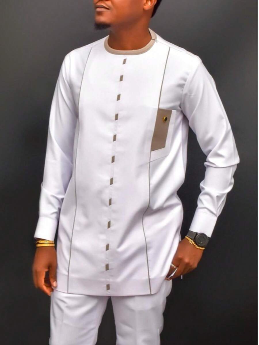 2pcs/Set Men's White Dashiki, Contrast Design, Embroidered, Long Sleeve, Crew Neck, Elastic Waist Pants, African Clothing, Men's Casual Shirt And Pants Set, New Season, Streetwear Style, Suitable For Party, Date, Wedding, Cultural Events, Traditional Ceremonies - White - View 1