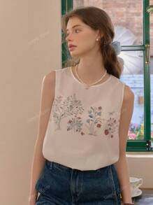 Simple Retro Dames Zomer Ronde Hals Kleur-Block Romantisch Elegant Vintage Losse Casual Mouwloze Tanktop