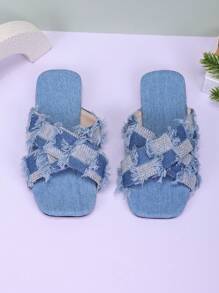 New Girls' Square Toe Denim Slides Sandals, Comfortable For Outdoor And Indoor Wear, Summer - Blue - View 6