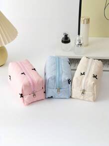 Fresh And Simple Series, New Embroidered Bow Quilted Storage Bag, Cute Ladies Cosmetic Bag, Used For Cosmetics, Headphones, Data Cables, Change, Stationery Storage, Suitable For Students And College Students Cosmetics Items Storage Belongings, Travel Shopping And Business Trips, The First Choice For Holiday Gifts
