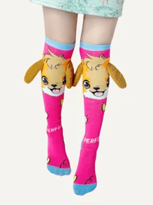 1 Pair Of Cute Socks For Girls, Cute Dog Ears Decor Kid's Knee High Socks,Cartoon Ear Handmade Socks,Family Or Friend For Gift,Suitable For All Season Outfit Socks