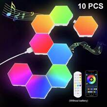10 piezas Lámparas de pared RGB LED efecto hexagonal con sensor táctil, luz nocturna inalámbrica de control de color para dormitorio - Multicolor - Ver 10