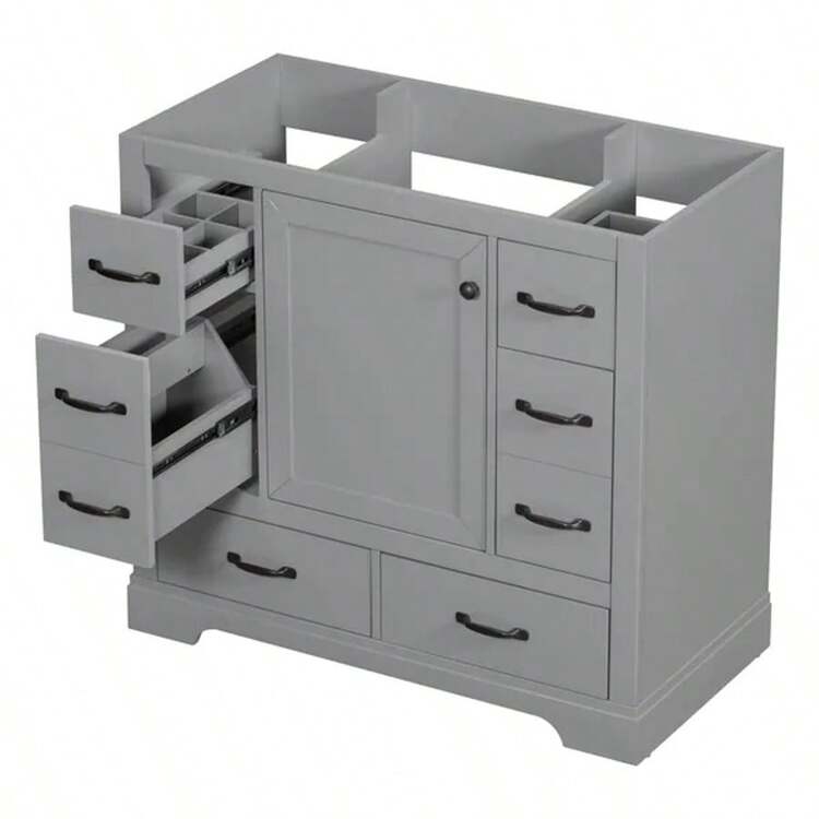 36" Bathroom Vanity Without Sink, Cabinet Base Only, Six Drawers, Multi-Functional Drawer Divider, Adjustable Shelf, Grey - 灰色 - 查看 8