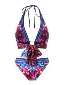 Conjunto de bikini con estampado floral y escote de halter para mujeres, estilo europeo y americano 2025 - Azul - Ver 4