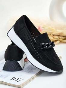 Openwork Women's Moccasins With Chain - Black - View 2