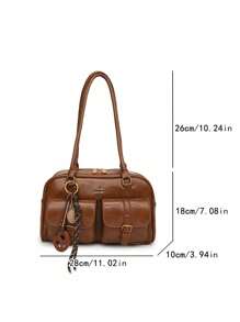 Classic Clown Solid Color PU Waterproof Fabric, Letter Graphic Decor Design, Multi-Pocket Shell Bag, Shoulder Bag, Underarm Bag, Pendant Decor Design, Suitable For Travel, Shopping, Commuting, Party, Date And New Year Wear - Brown - View 6