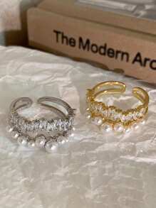 1 件女士空心几何双珍珠锆石开口戒指，时尚轻巧奢华铜合金，适合日常佩戴 - RING5596 - 查看 6