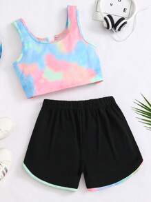 2pcs/Set Tween Girl Outdoor Sports Refreshing Casual Colorful Short Sleeve Top And Shorts - Multicolor - View 2