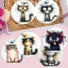 6pcs Cute Cat Designed Wooden Coasters, Heat Resistant Coasters Suitable For Home And Cafe, Holiday Gift - Multicolor - View 5