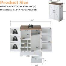 Merluxy 61" Farmhouse Bar Cabinet With 9 Wine Racks, Folding Liquor Storage, Expandable Coffee Bar Station With Drawer, Rustic White Mini Bar For Kitchen & Dining Room