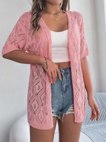 Lightweight Open Front Crochet Knit Cardigan, Casual Summer Sun Protection - Pink - View 5
