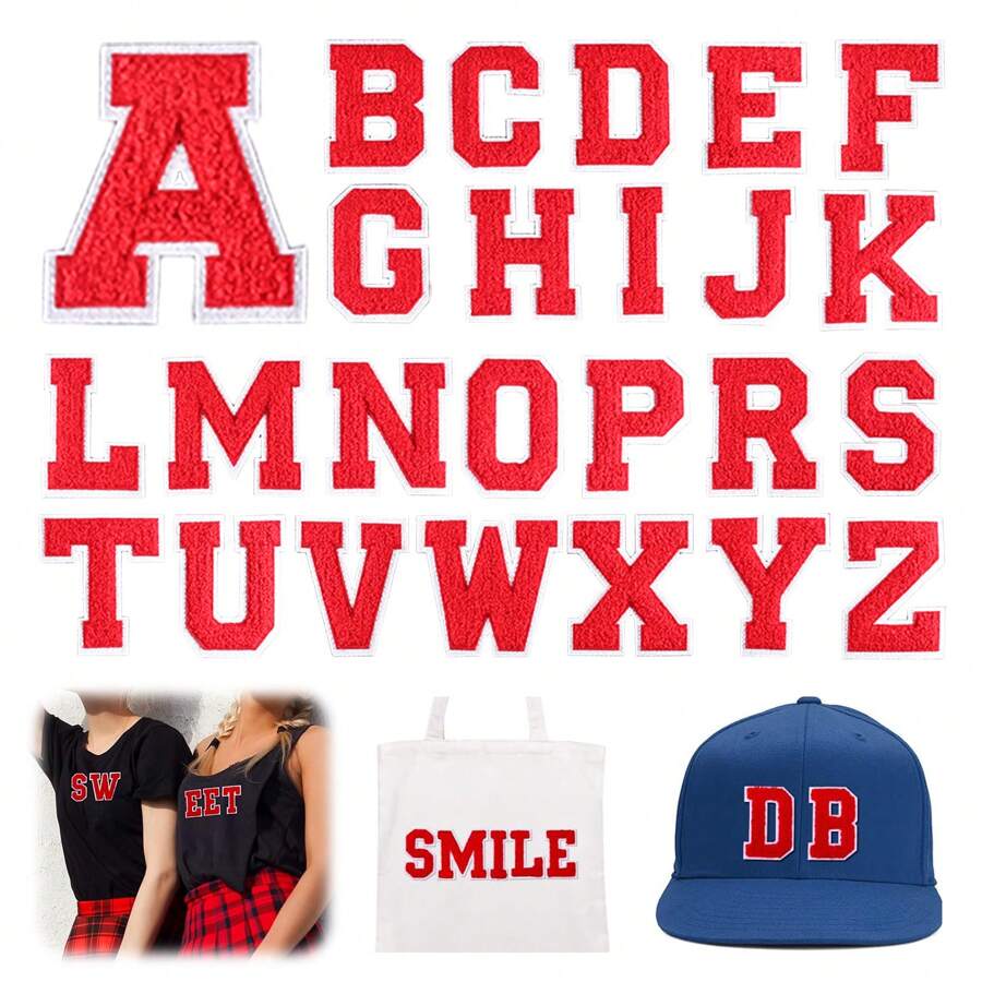 1件字母數字燙貼字母補丁 A-Z 裝飾修補刺繡貼片 個性化縫製補丁，適用於修補衣服、帽子、襯衫、鞋子、牛仔褲、包包，字母補丁，可用於隊服裝飾（紅色）