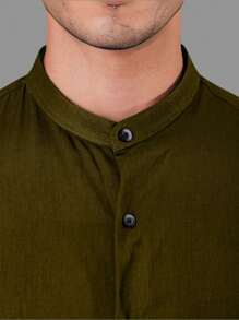 Men's Formal Shirt With Priest Collar, Short Sleeve, Linen Look - xanh quân đội - Xem 4