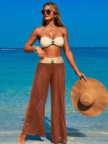 Conjunto de traje de baño de 3 piezas para mujer con top tubo, accesorios metálicos y pantalones de malla para playa y vacaciones de verano